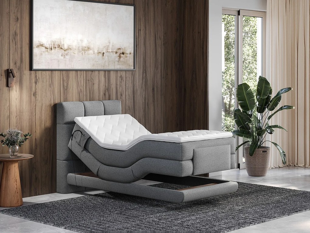 Zestaw łóżko kontynentalne z pikowanym zagłówkiem + stelaż elektryczny relaksacyjny + materac + nakładka na materac - 100 x 200 cm - Tkanina - Jasnoszary - LODI marki PALACIO