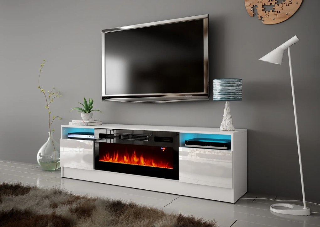 Szafka RTV z kominkiem Duke 01 biały mat/biały połysk