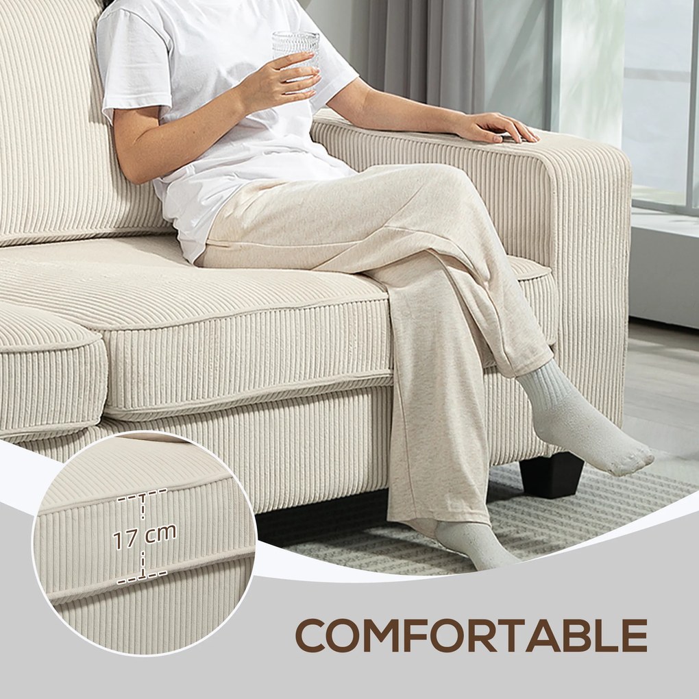 HOMCOM 3-osobowa Sofa z Pokryciem z Kordu, Sofa do Salonu ze Sprężynami, do 400 kg, 227 x 84 x 87 cm, Kremowa