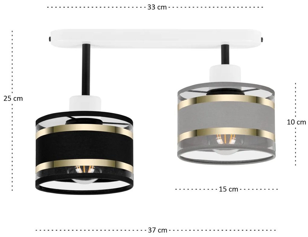 Lampa sufitowa biała dwupunktowy spot z szaro-czarnymi abażurami T-330