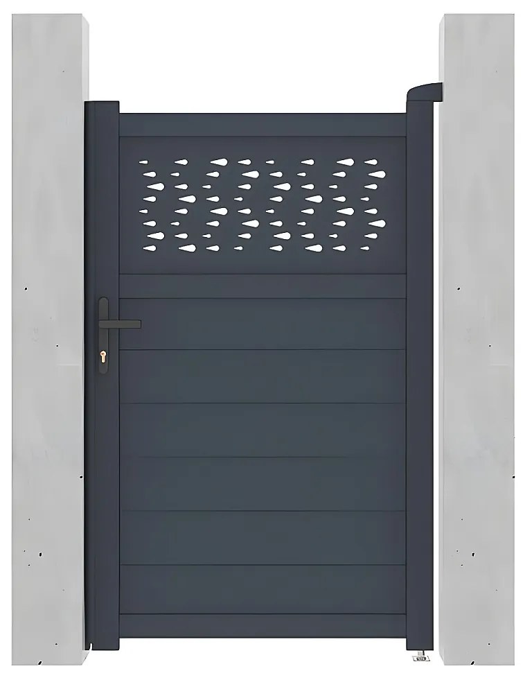 Skrzydłowa, pół-perforowana aluminiowa furtka z wzorem Dł.103 x Wys.166 cm antracytowa BAZIO