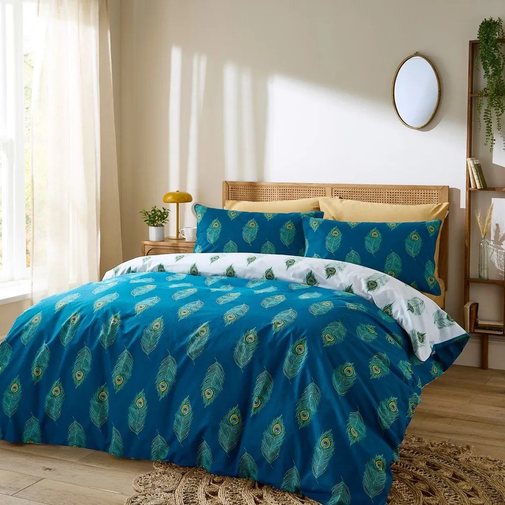 Biało-zielononiebieska bawełniana pościel dwuosobowa 230x220 cm Peacock Feather – Their Nibs