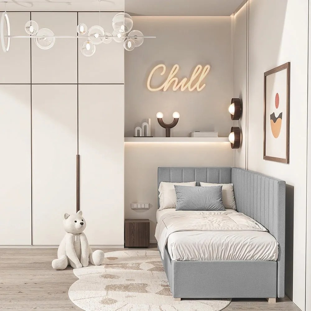 Szare narożne łóżko dziecięce ze schowkiem i materacem 90x200 cm Snugi – Ghado