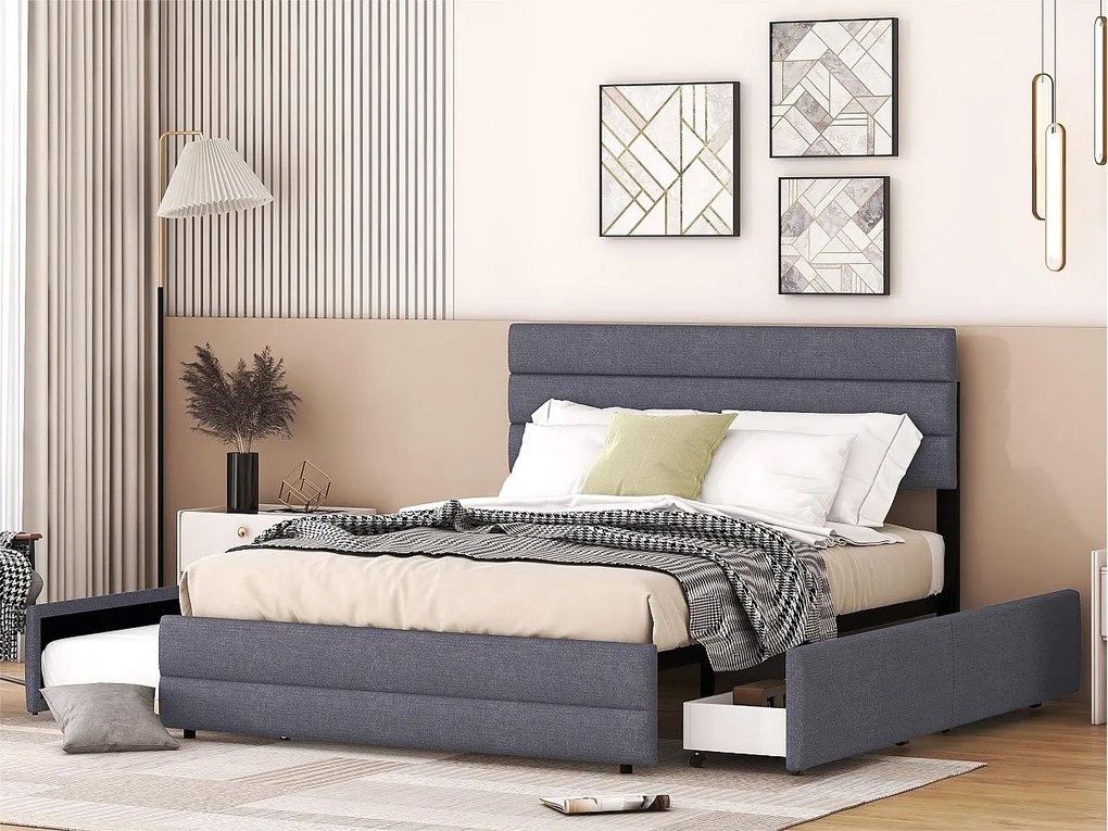 Łóżko dwuosobowe 140x200cm z tkaniny lnianej - z łóżkiem wysuwanym 90x190cm i 2 szufladami - regulowane wezgłowie - Szare