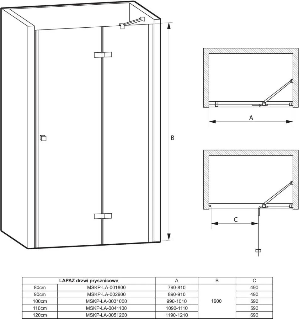 Drzwi prysznicowe uchylne 110 cm, szkło transparentne profile chromowane LAPAZ