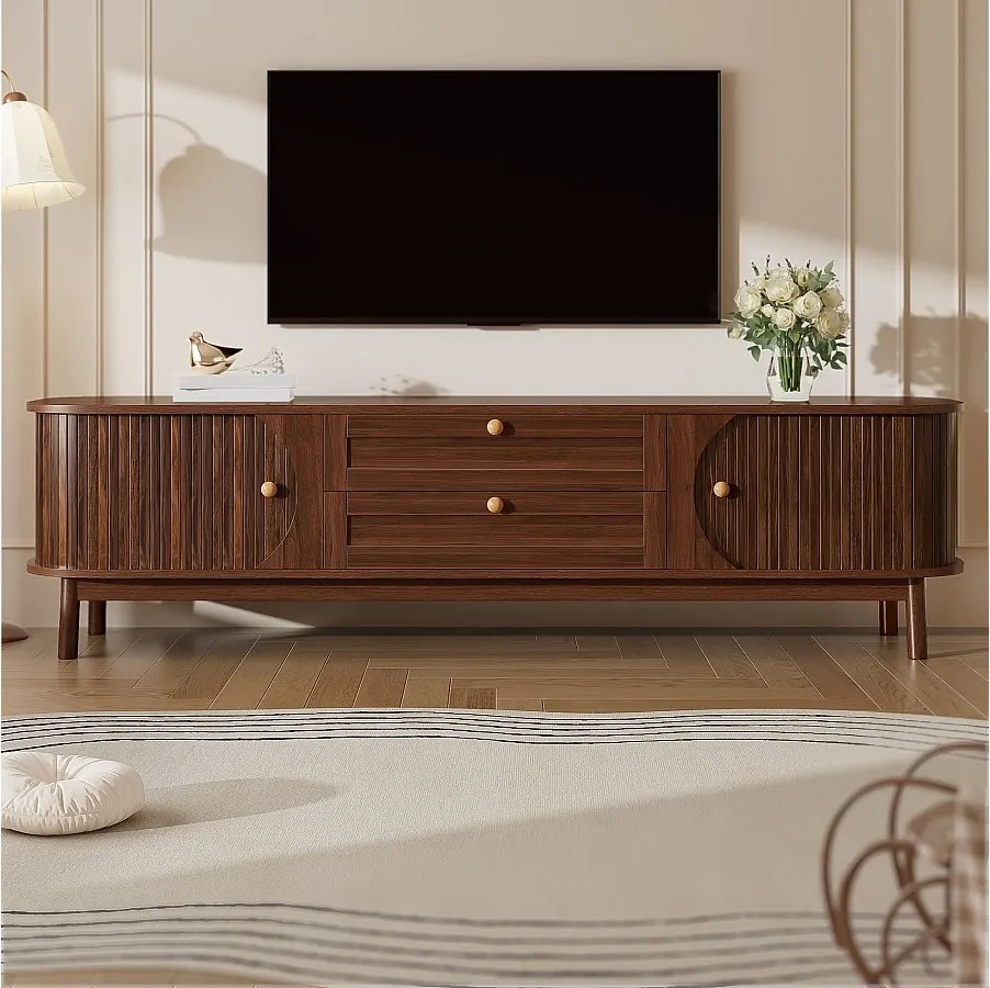 Stolik pod TV imitujący drewno - 170 x 39,5 x 46 cm - z 2 szufladami i 2 drzwiami - zaokrąglone rogi - płyta MDF - brązowy