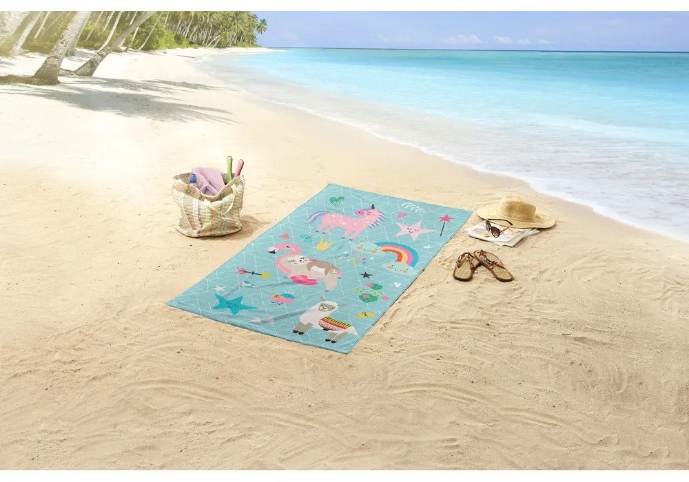 Niebieski aksamitny ręcznik plażowy dla dzieci 75x150 cm Moody – Good Morning