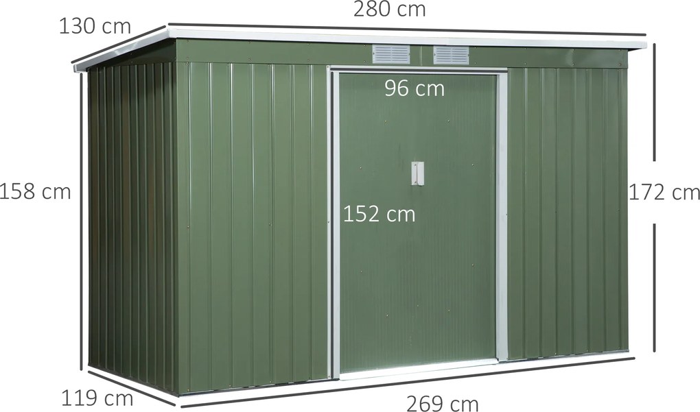 Outsunny Szopa na Narzędzia Ogrodowe Stalowa z Przesuwanymi Drzwiami Przestronna Jasnozielona 277x130x173cm | Aosom PL