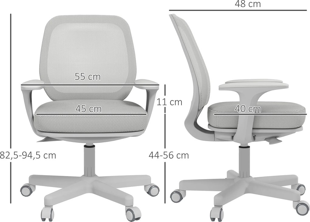 Vinsetto Fotel biurowy, ergonomiczny fotel biurkowy z funkcją obrotu, regulowany 55 x 48 x 82,5-94,5 cm, szary