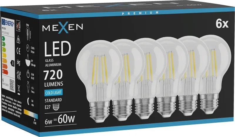 Mexen Vintis 6x żarówka filament LED E27, A60, 6W, Zimna - 6500K, 720 lm, clear - L150-E27-0665-00x06