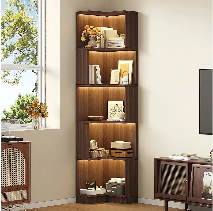 Nowoczesny regał narożny - 63,5 x 45 x 175 cm - z diodami LED + 5 półek - płyta MDF - brązowy