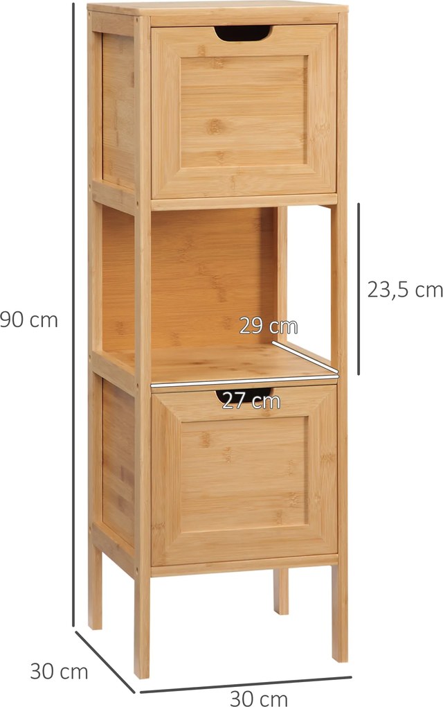 kleankin Szafka Łazienkowa z Bambusa 1 Półka 2 Szuflady Naturalne Drewno 30x30x90cm | Aosom PL