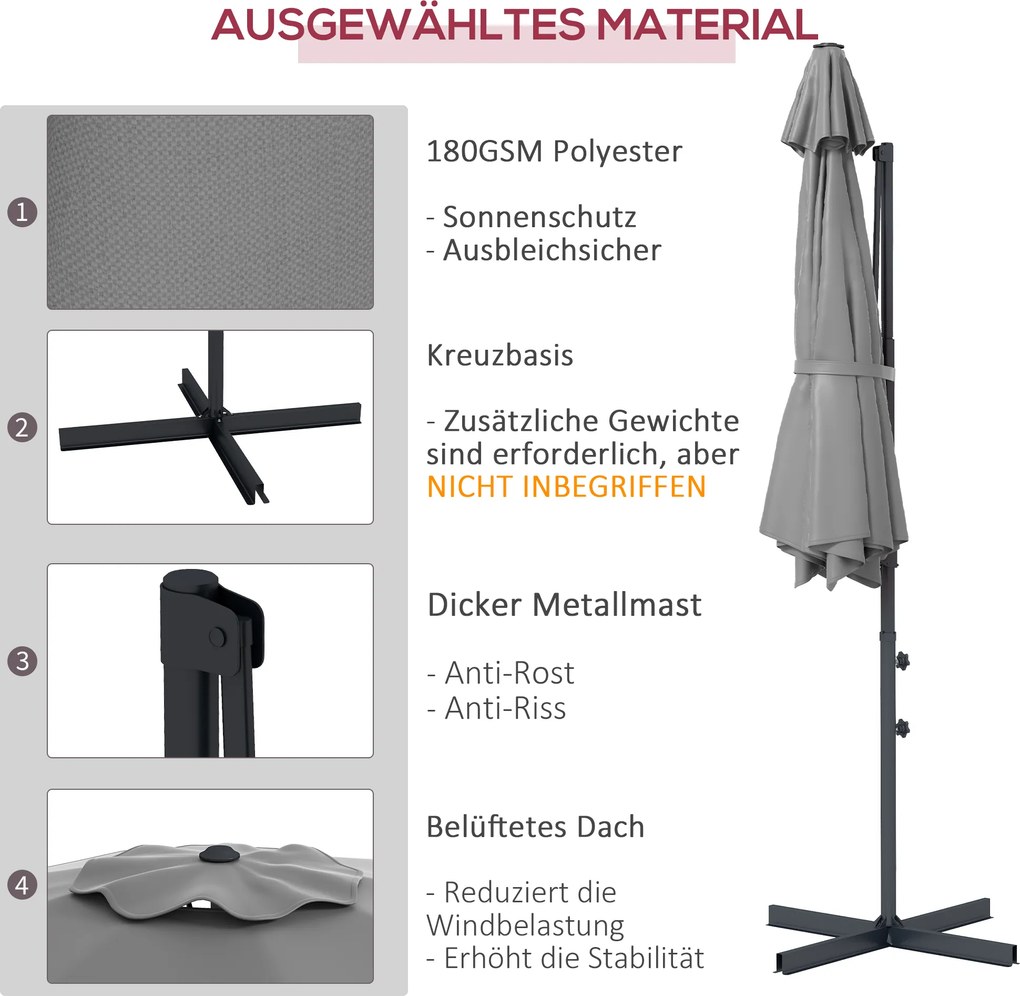 Outsunny Parasol Ogrodowy 3m Korba Regulowany Obrotowy Metal Ciemnoszary | Aosom PL
