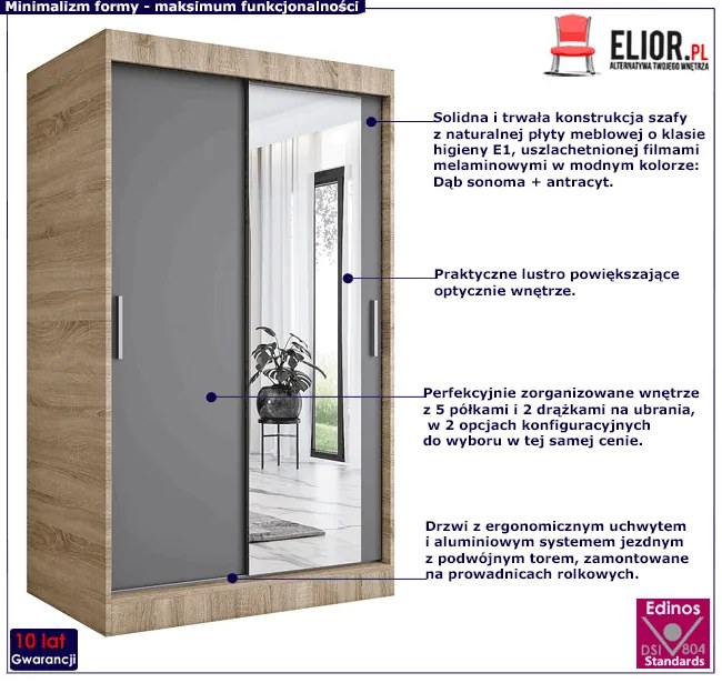 Garderoba przesuwna z lustrem dąb sonoma + antracyt - Massi 3X