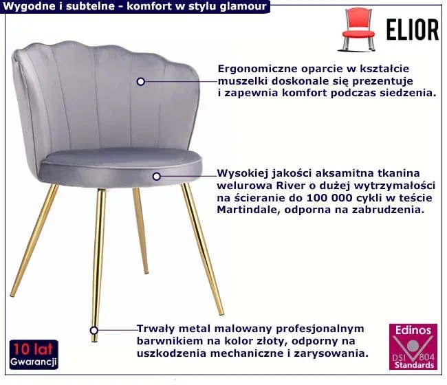 Szare krzesło muszelka na złotych nogach F0-T04