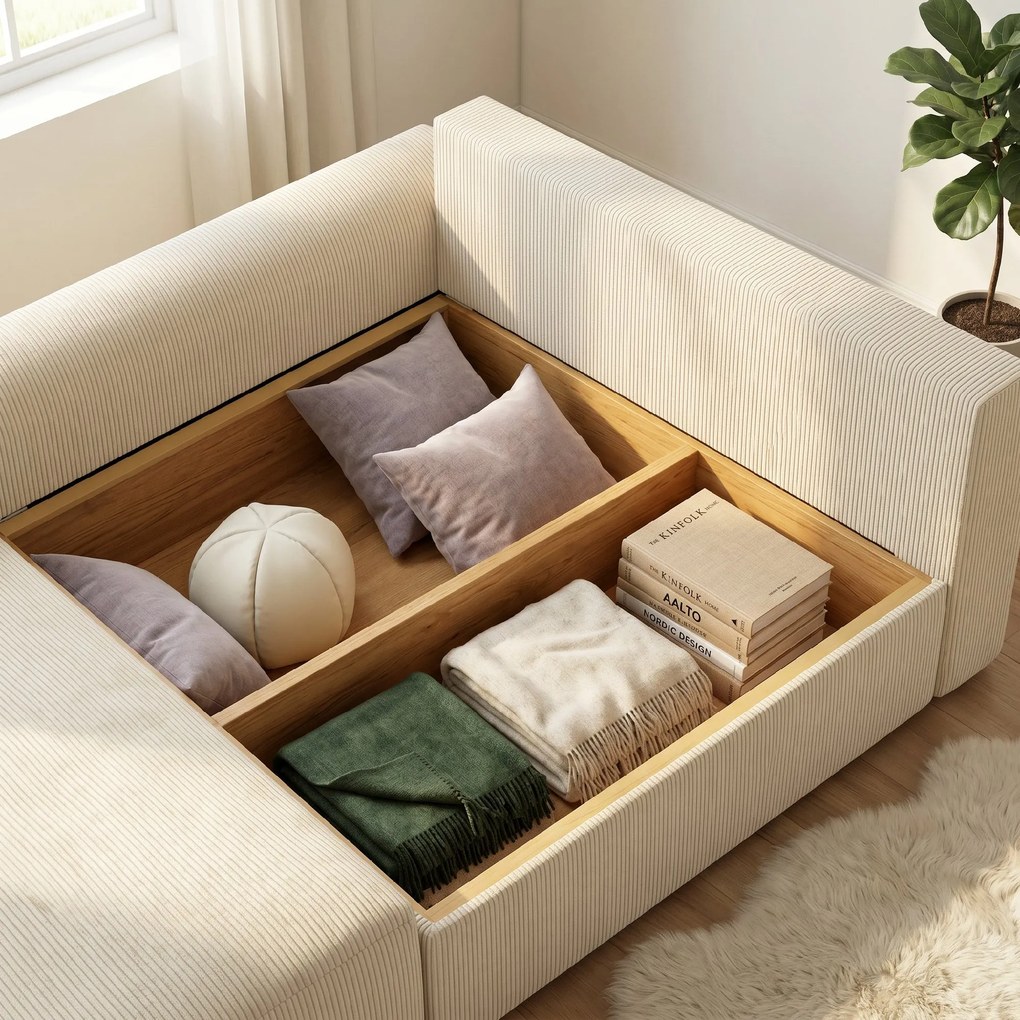 HOMCOM Sofa rozkładana 190x150 cm 3-osobowa z funkcją spania, poduszki, schowek, wygląd sztruksu do salonu, beżowa | Aosom PL