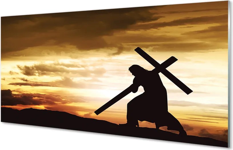 Szkło Ozdobne do Kuchni Jezus na Krzyżu o Zachodzie Słońca