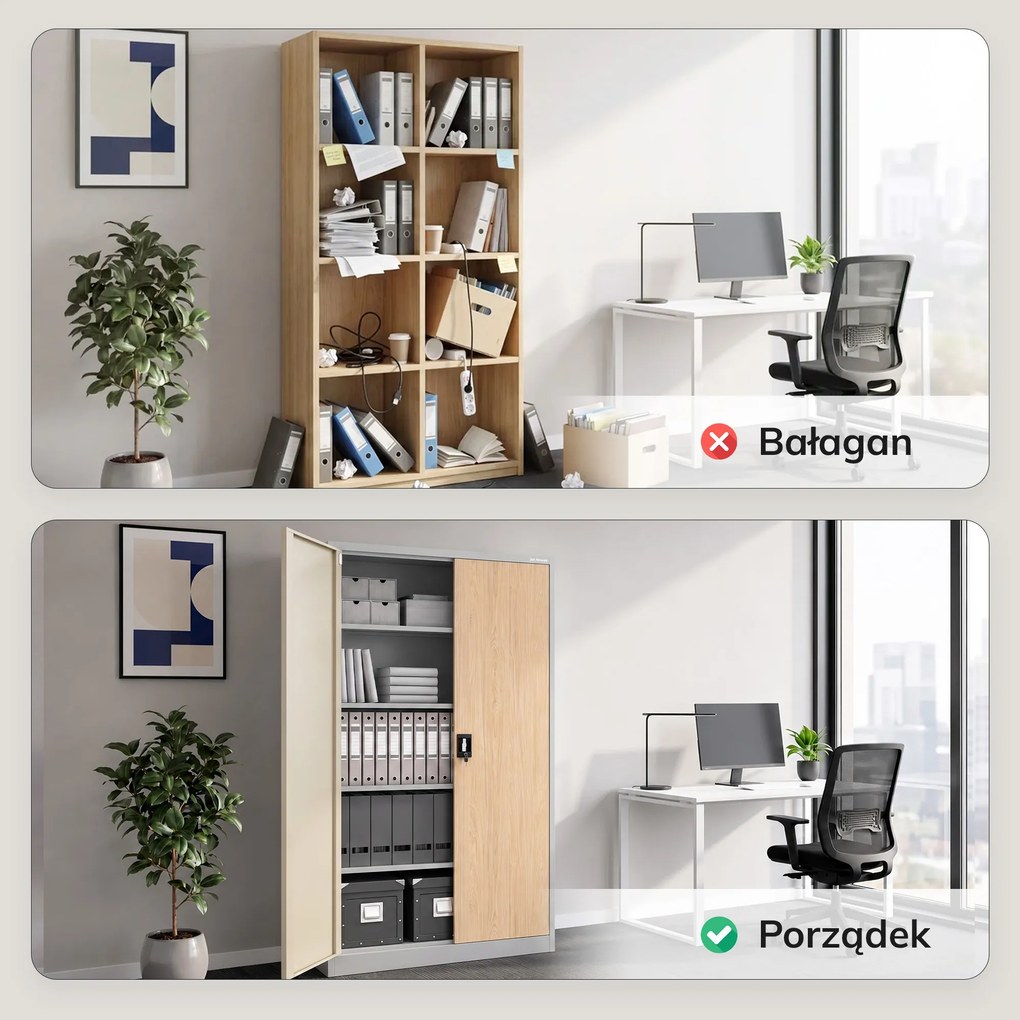 Szafa biurowa metalowa na akta, szeroka, szara/dąb sonoma, 1150x1850x400 mm: JAN II Eco Design