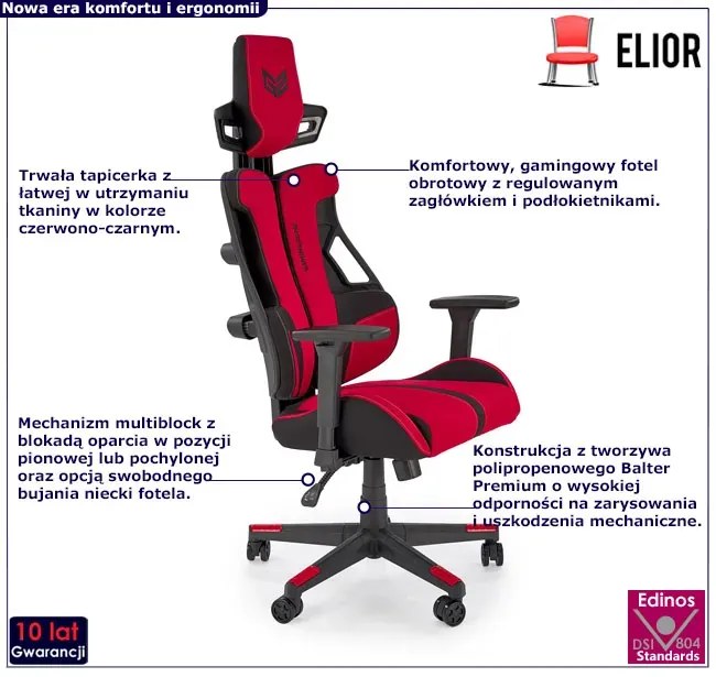 Czerwono-czarny gamingowy fotel obrotowy - Nasturcix