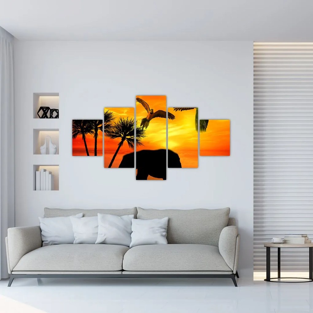 Obraz - papugi i słonie (125x70 cm)