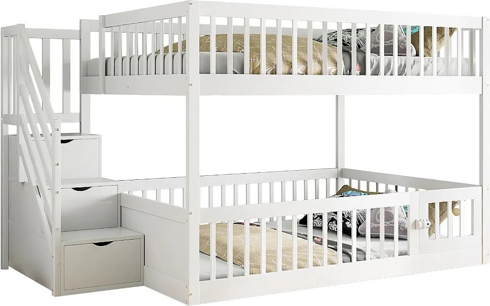 Łóżka piętrowe dla dzieci - 2 x 140 x 200 - ze schodkami do przechowywania + barierki - drewniane - białe