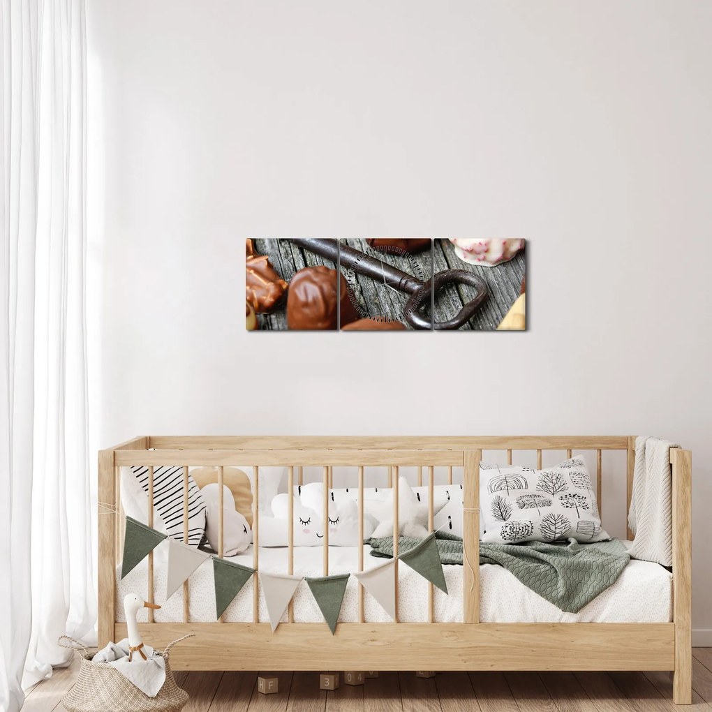 Obraz czekolady i kluczy (z zegarem) (90x30 cm)