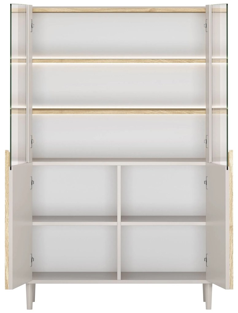 Witryna Amilio 100 cm dwudrzwiowa na nóżkach - kaszmir / dąb olejowany / uchwyty dąb jasny