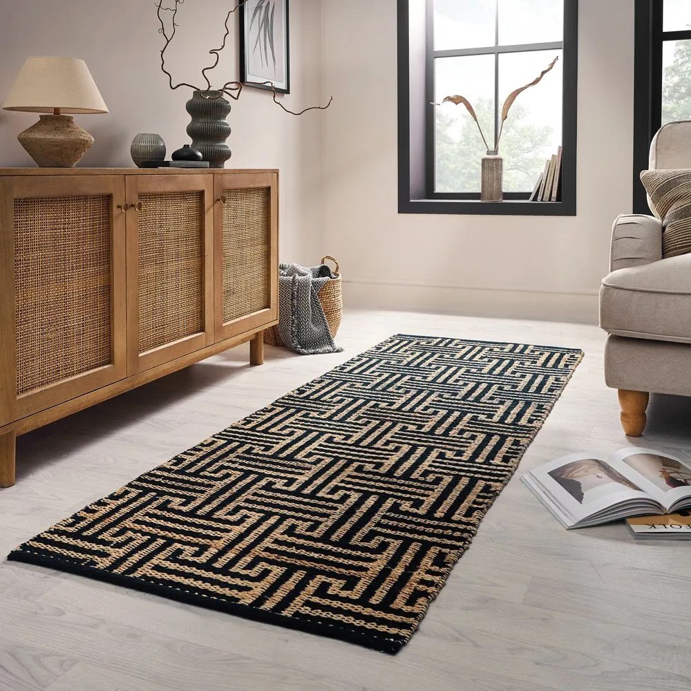 Czarno-naturalny chodnik z mieszanki juty tkany ręcznie 80x230 cm Meander Jute – Flair Rugs