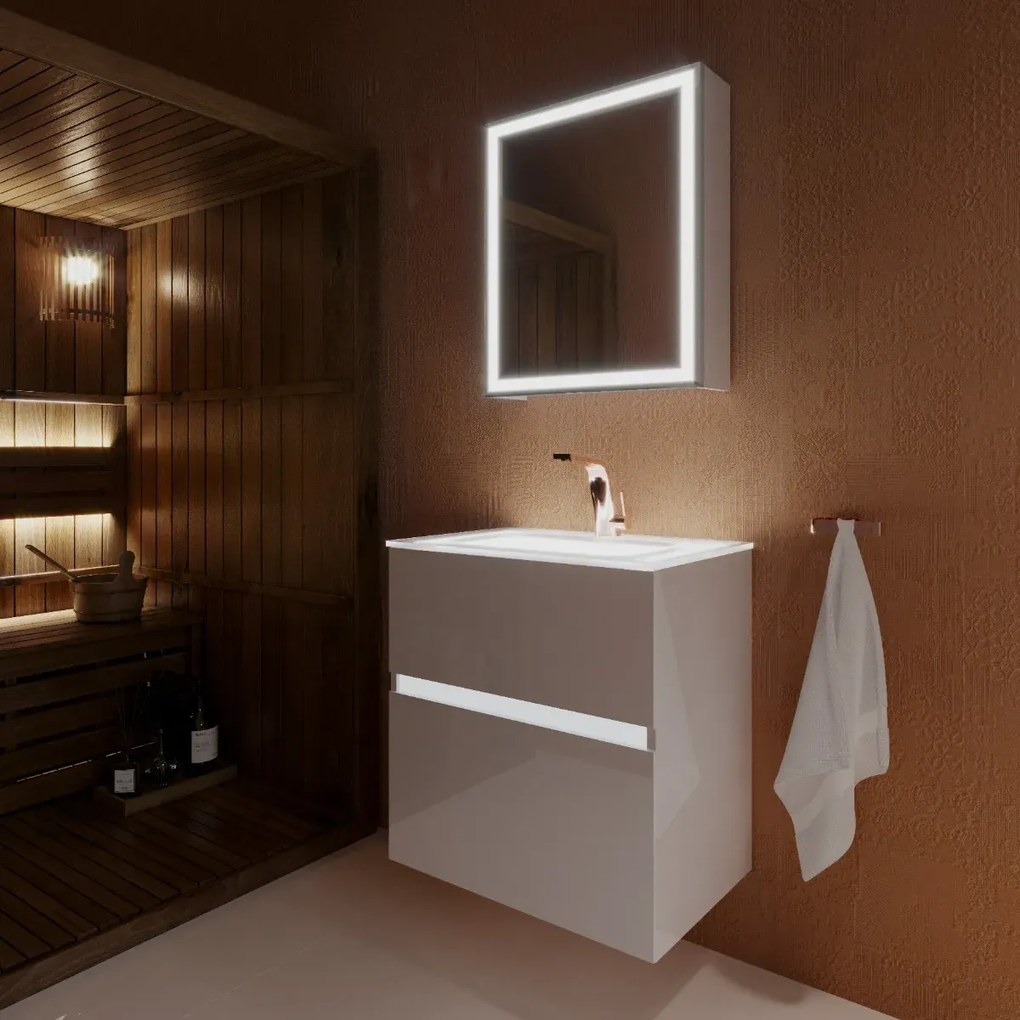 Szafka pod umywalkę NEO 60 cm biały połysk z oświetleniem LED KROFAM
