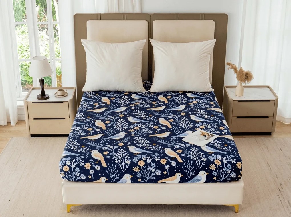 PrzytulneMieszkanie.pl Prześcieradło z mikrofibry DENIM BIRDS niebieskie 180x200 cm
