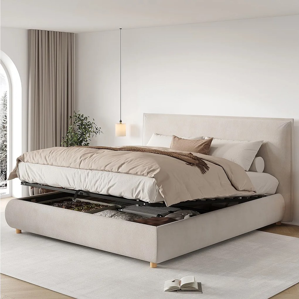 Łóżko dwuosobowe z pojemnikiem - 180 x 200 cm - z hydraulicznym schowkiem + tapicerowany zagłówek - welur - krem