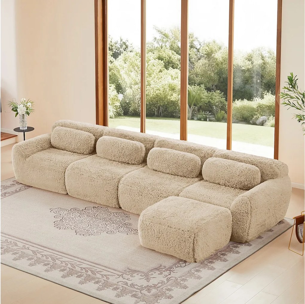 Modułowa Sofa Narożna w tkaninie pluszowej, z pufą i 4 poduszkami, bez stelaża, 378x179x73cm, Khaki
