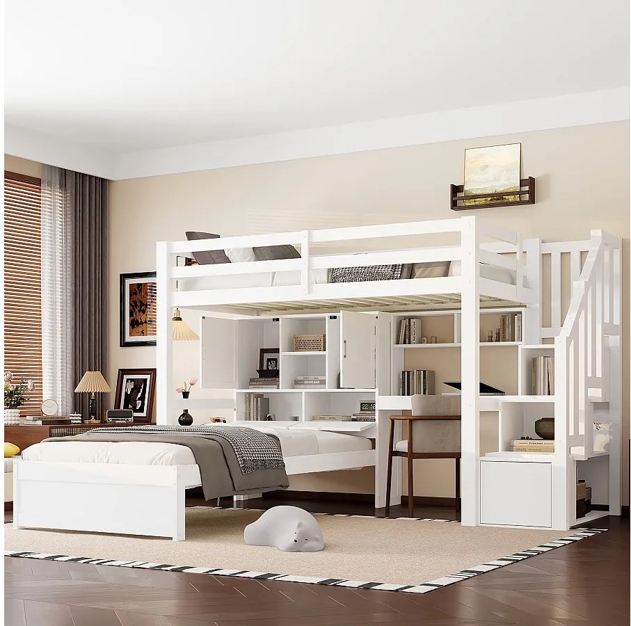 Łóżko piętrowe dla dzieci - 2 x 90 x 200 cm - ze zintegrowanym biurkiem i schodkami + schowki i półki - MDF - białe