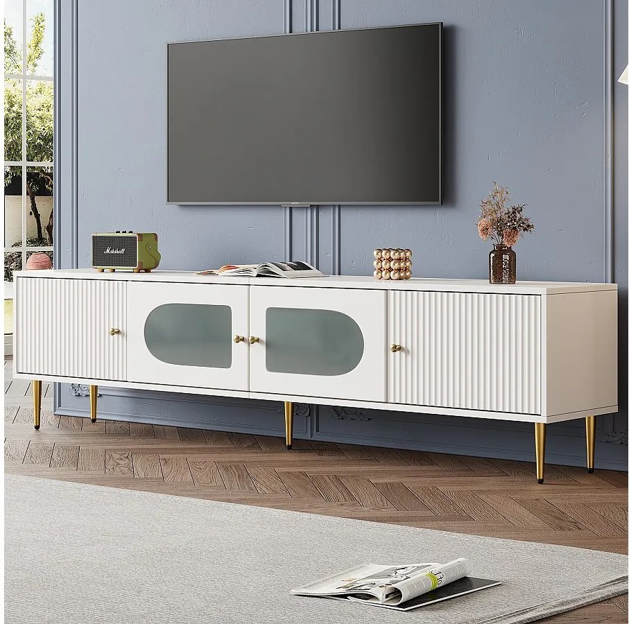 Szafka RTV z 2 drzwiami w paski i 2 drzwiami szklanymi - 170 x 35 x 50 cm - Płyta wiórowa - Biała