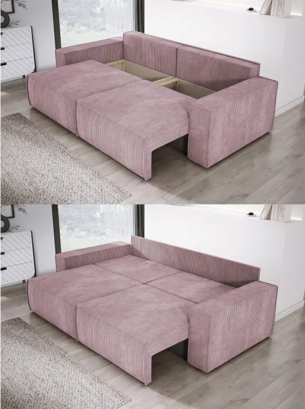 Kanapa KASJO Lewostronny Sofo-Narożnik z funkcją spania i poduszkami, 2x pojemnik POSO 027 Różowy DOMOHOME