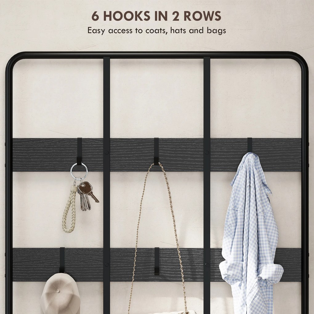 HOMCOM 3-w-1 Wieszak, haki na odzież, ławka, regał na buty, metal, płyta wiórowa, Czarny