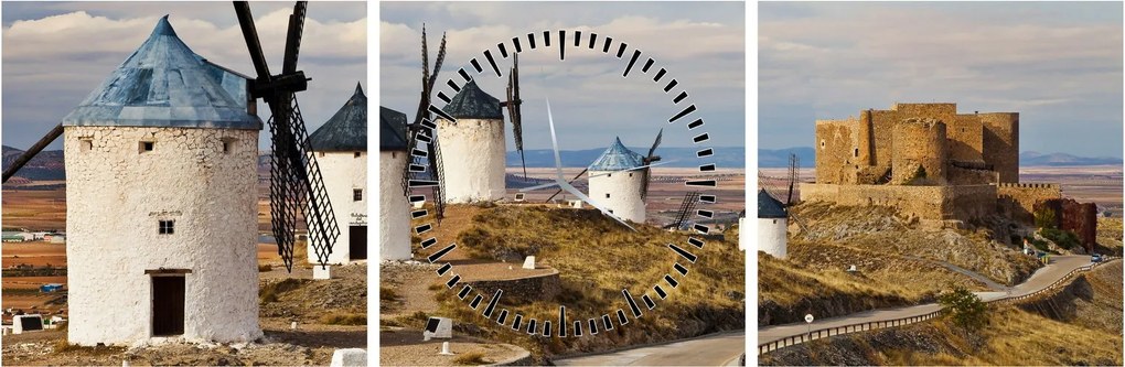 Obraz - Wiatraki Consuegra, Hiszpania (z zegarem) (90x30 cm)