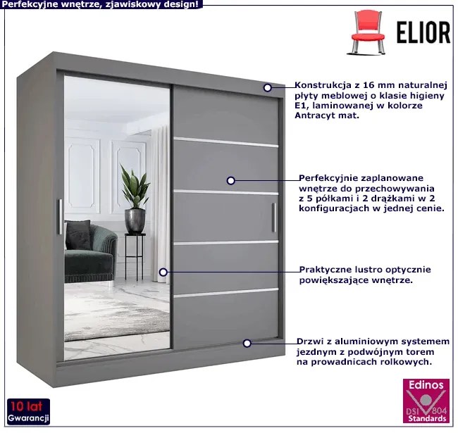 Antracytowa szafa przesuwna z lustrem 180 cm - Ebia 5X