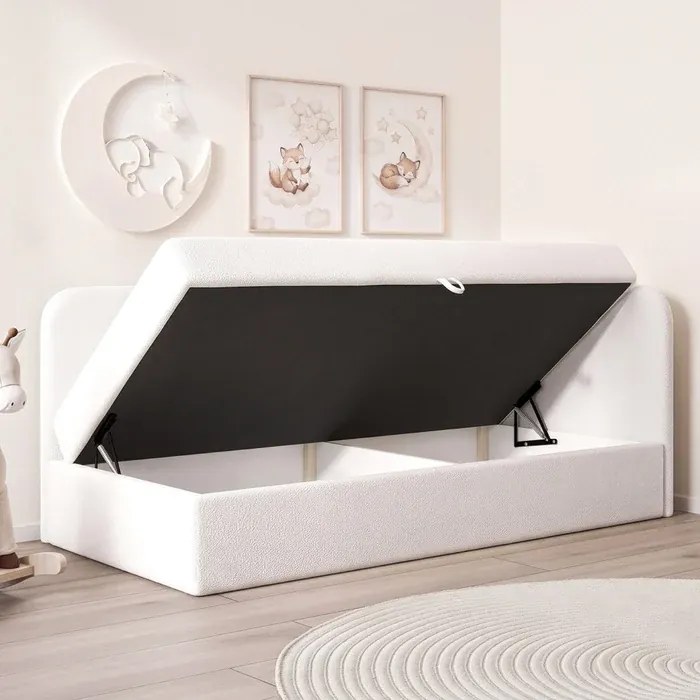 Łóżko Tapicerowane 90x200 cm ENSO Młodzieżowe Prawostronne Białe Boucle Skandynawskie