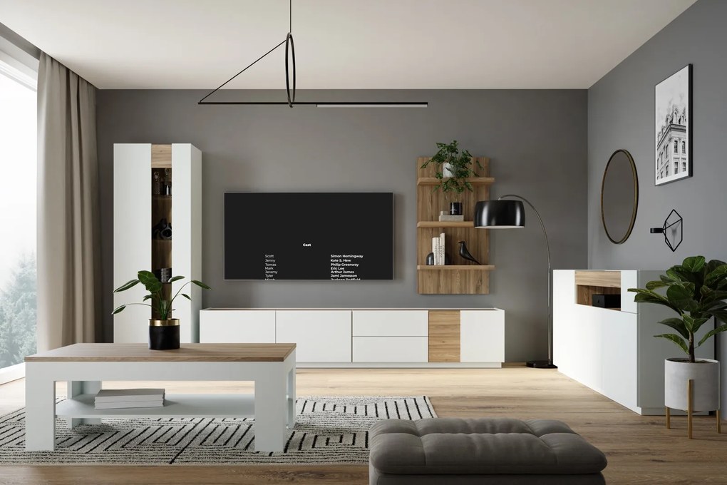 Wąska witryna z przeszkleniem Lewisville 711, Secret Grey/dąb Valencia
