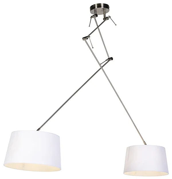 Stalowa lampa wisząca z białymi abażurami z lnu 35 cm 2-światłowa - BlitzWiejski/ Rustykalny / Vintage Oswietlenie wewnetrzne