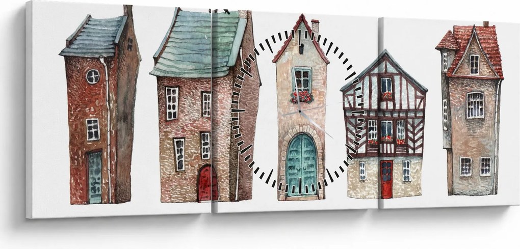 Obraz - Domy akwarelowe (z zegarem) (90x30 cm)