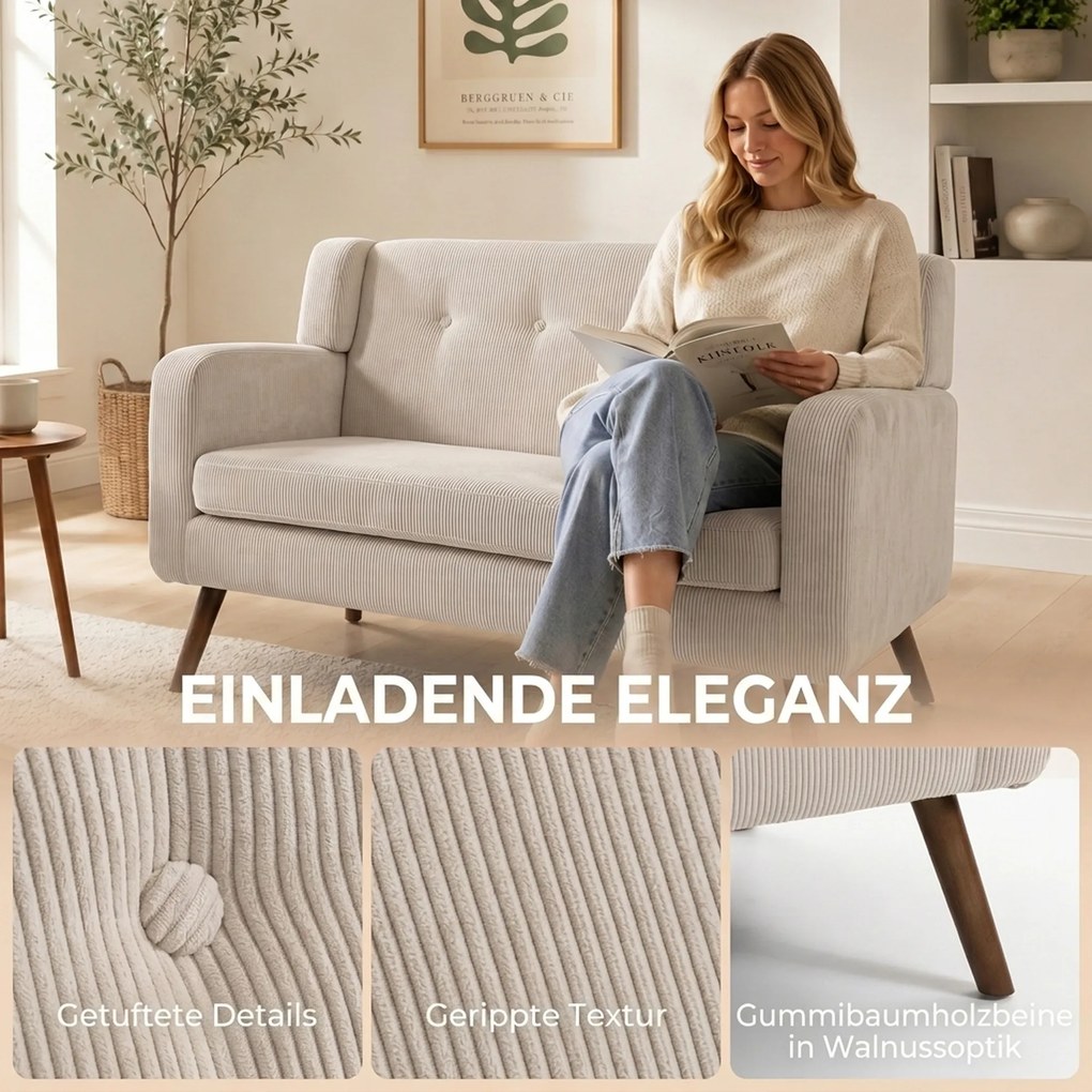 HOMCOM Sofa 2-osobowa 118 cm z wyglądem sztruksu, pikowanie z guzikami Wygodna nowoczesna sofa tapicerowana z drewnianymi nogami do małych pomieszczeń | Aosom PL
