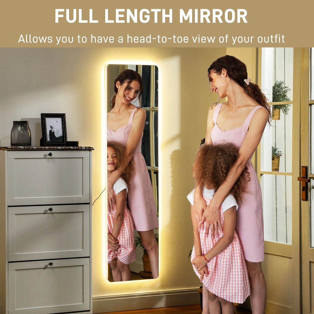 HOMCOM Lustro całociałowe z LED, sterowanie dotykowe, regulacja jasności, bezramowe, 40 x 150 cm