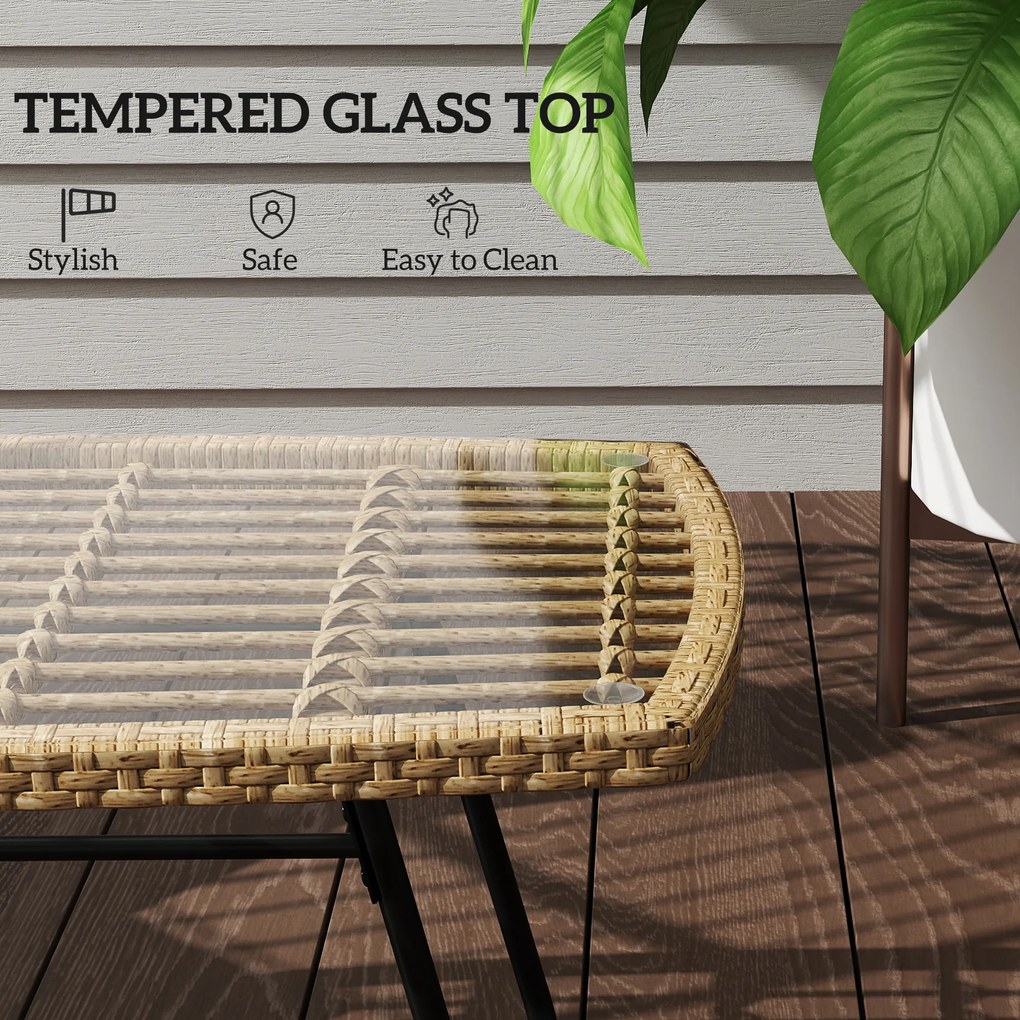 Outsunny Stolik Ogrodowy z Polirattanu, 90 x 50 x 45 cm, UV-Odporny z Blatem ze Szkła Naturalny