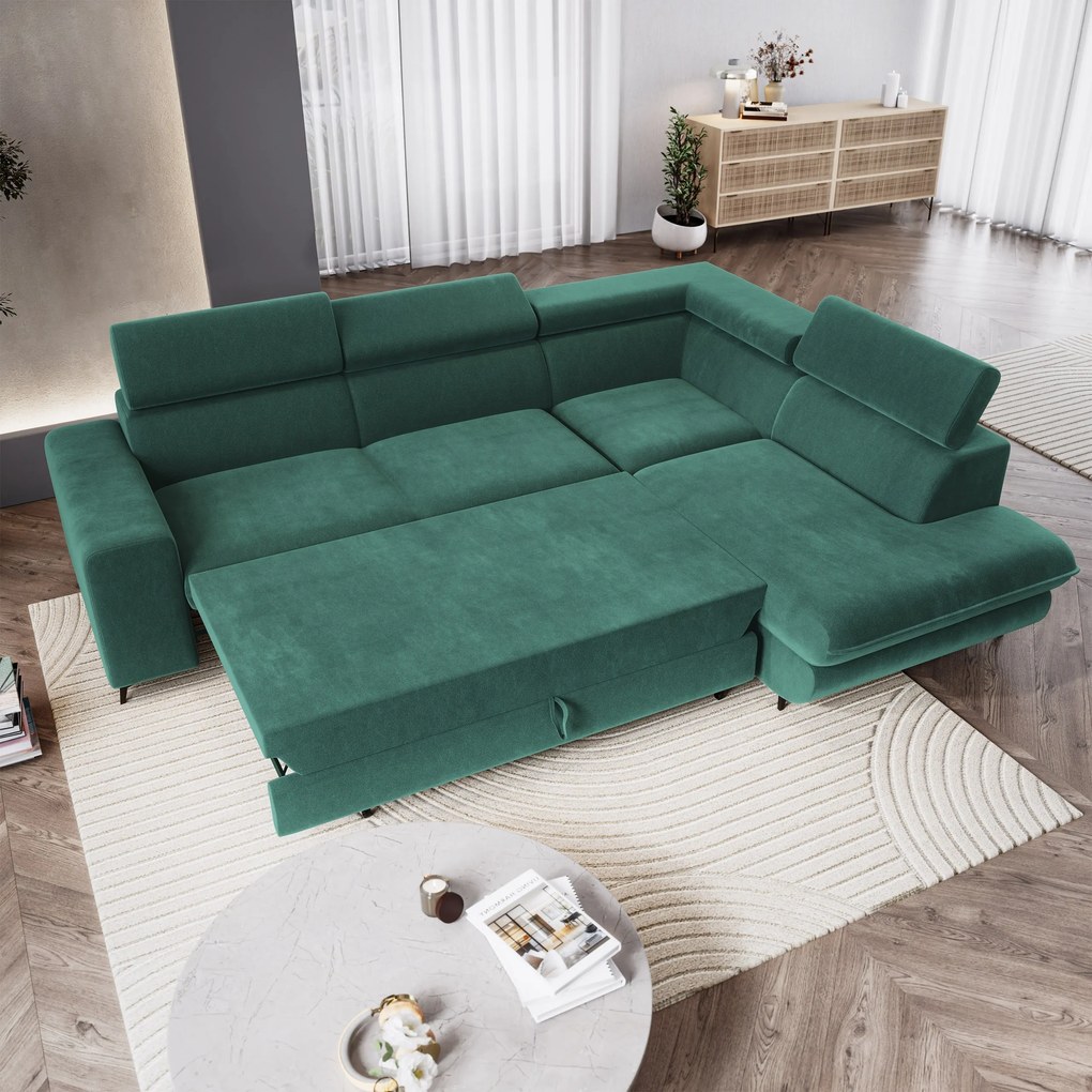 Masseno Narożnik VELISS z funkcją spania i pojemnikiem na pościel Narozniki L, Rozkładana sofa - Lazurowy, CASTEL 75