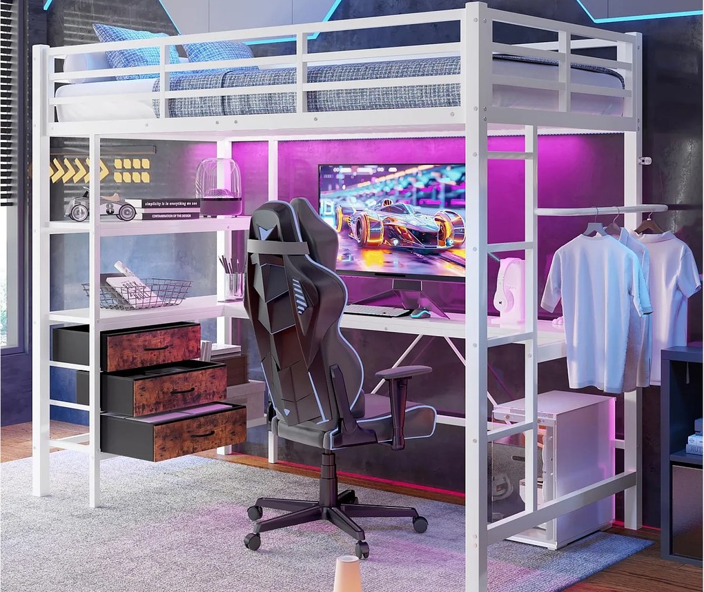 Łóżko antresolowe 90x200 cm - z oświetleniem LED - z biurkiem - z 3 szufladami - białe (bez materaca)