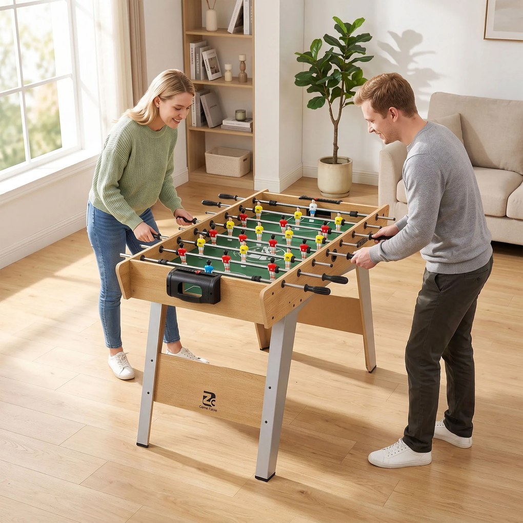 SPORTNOW Stół do piłkarzyków Kickertisch inkl 22 figurki 2 piłki Antypoślizgowe uchwyty Liczniki punktów Skośne nogi 121x87x77cm Drewno naturalne | Aosom PL
