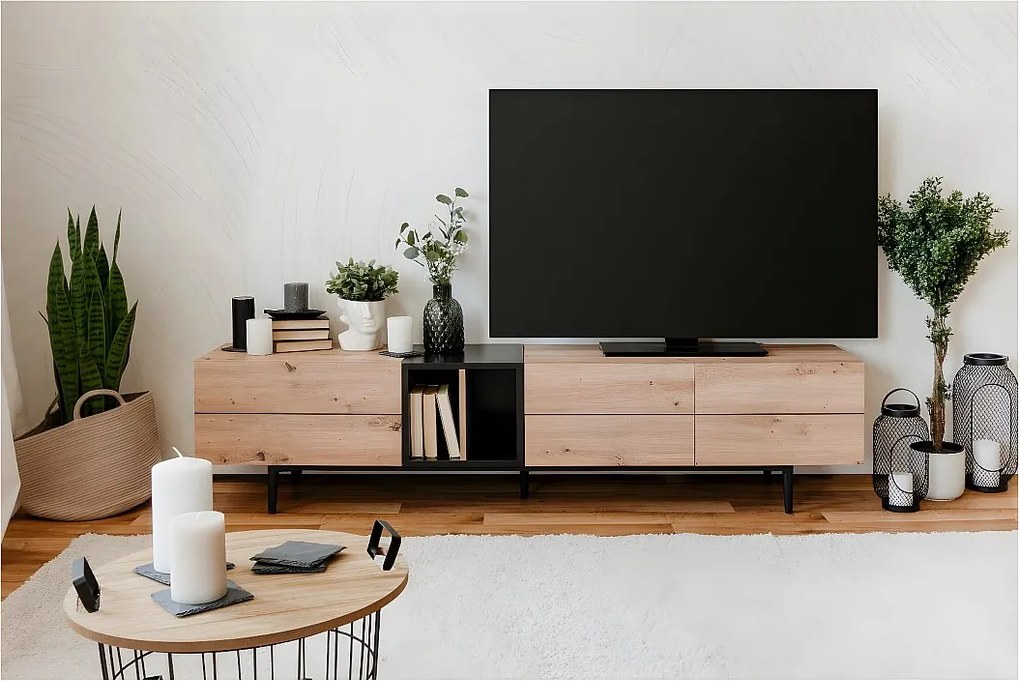 Mebel TV 3 drzwi 2 półki L195 cm - Styl przemysłowy - Dekoracja dębu i czarny
