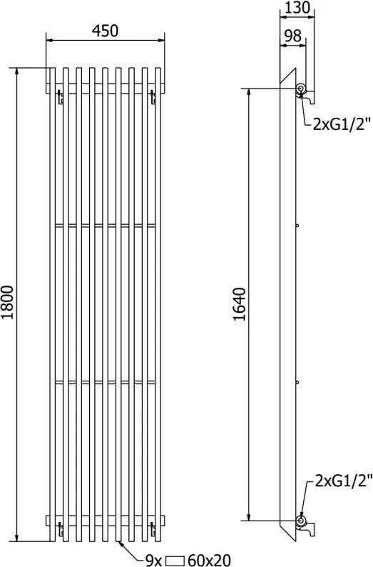 Mexen Aurora grzejnik dekoracyjny 1800 x 450 mm, 1347 W, czarny - W212-1800-450-00-70
